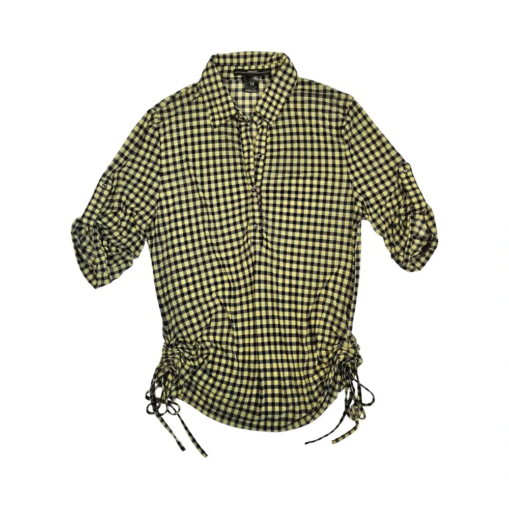 Black & yellow plaid gingham oversized ruched button up short sleeve shirt MD